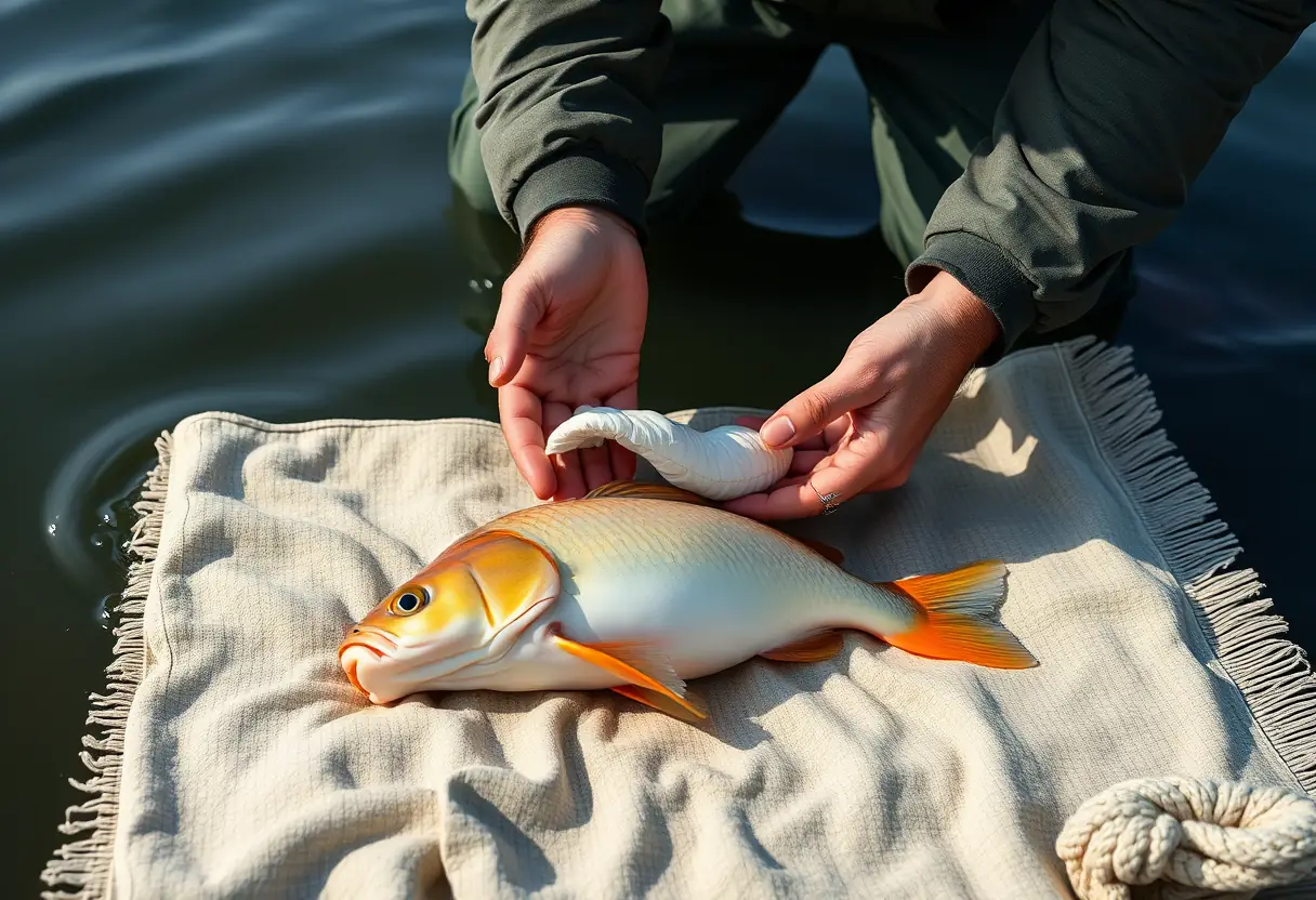 Des mains de pêcheur inspectent le ventre d'un carassin sur un tapis doux à côté de l'eau