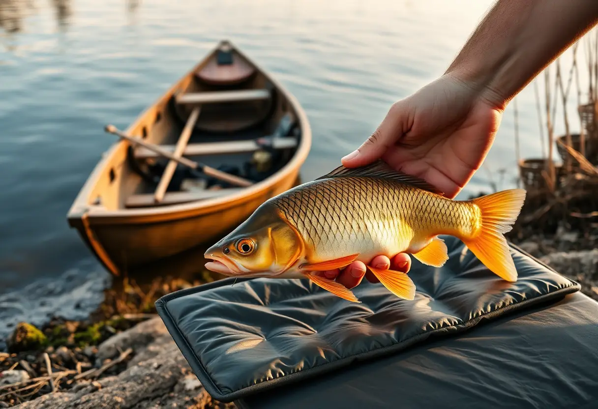 Une main de pêcheur soutient délicatement une carpe sur un tapis rectangulaire rembourré près d'un petit bateau de bois sur la rive d'un fleuve tranquille.