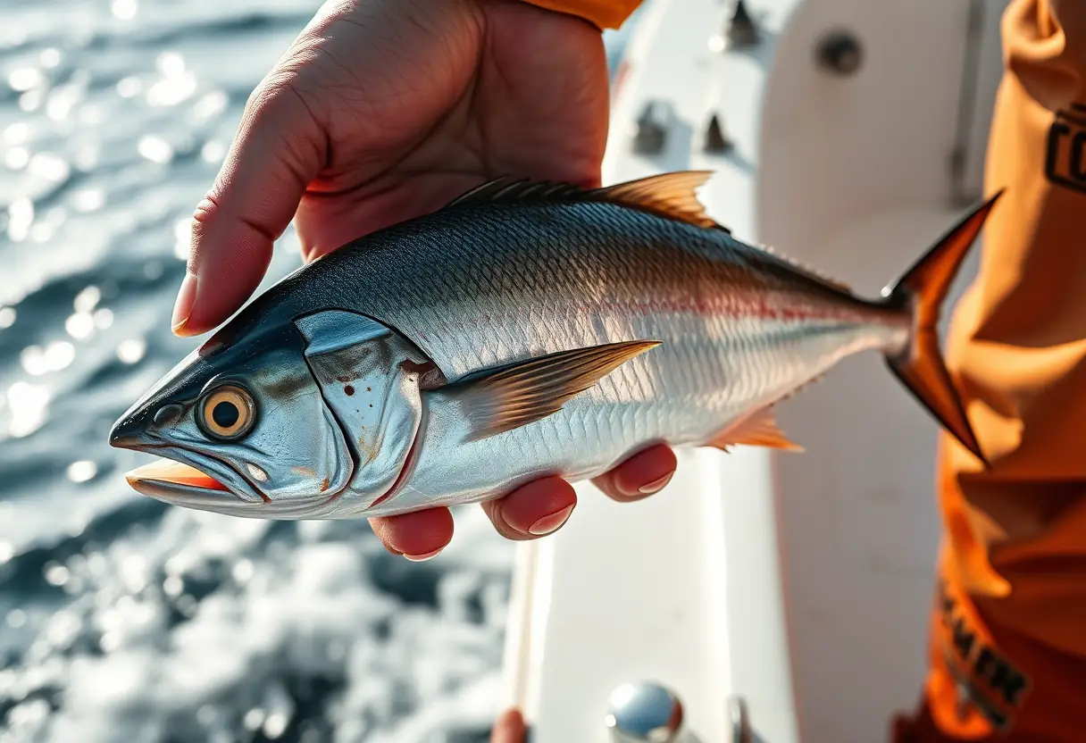 Une main de pêcheur tient délicatement un albacore capturé, sur le pont d’un bateau en mer.