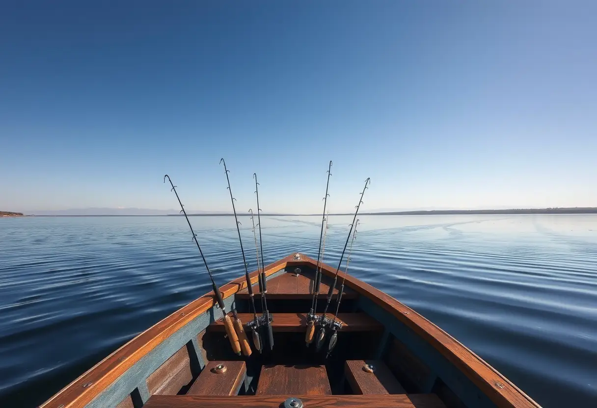 Une barque flottant sur un lac calme, ses cannes et leurres visibles sur son pont en bois, reflet des rives dans l'eau.