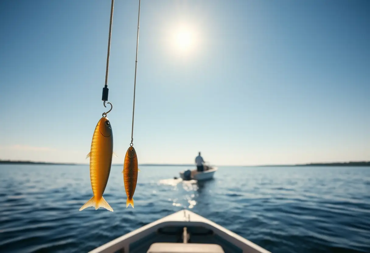 Une barque sur un lac calme avec des leurres souples accrochés à sa poupe.