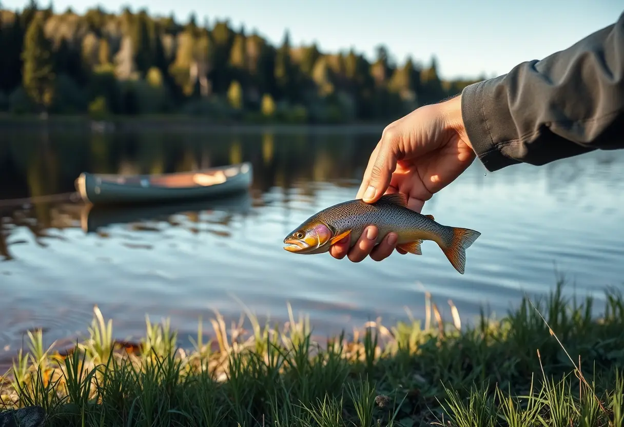 Main de pêcheur relâchant une truite dans un lac calme