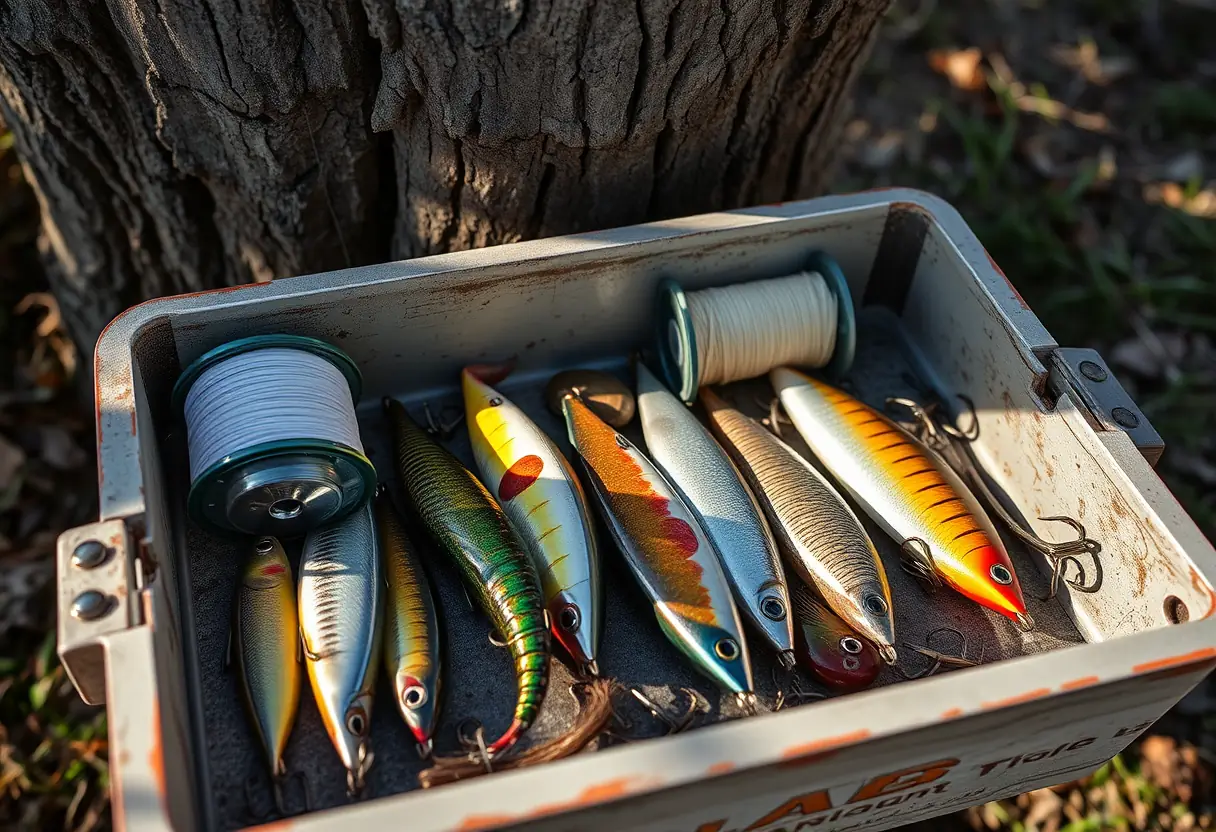 Une boîte à outils de pêche contenant des leurres et un fil de nylon sous un arbre